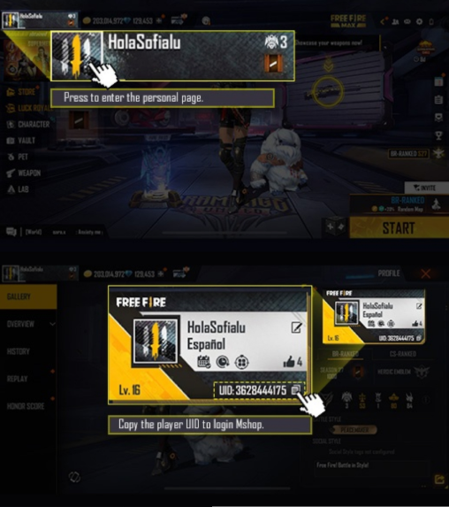Instruções para localizar e copiar o ID do jogador no Free Fire